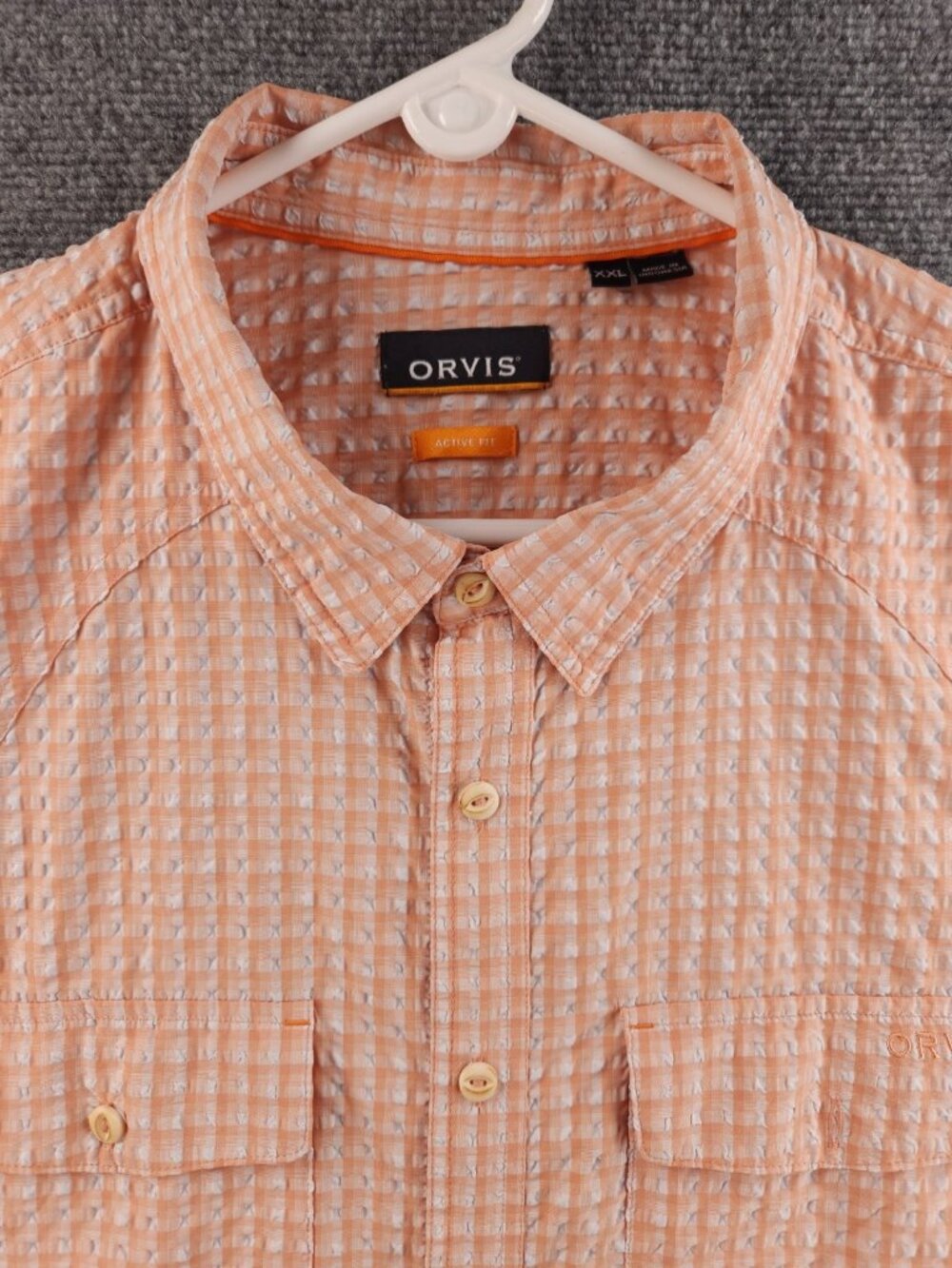 Orvis Men XXL Fishing Shirt Button Up Seersucker Active Fit Short Sleeve Orange